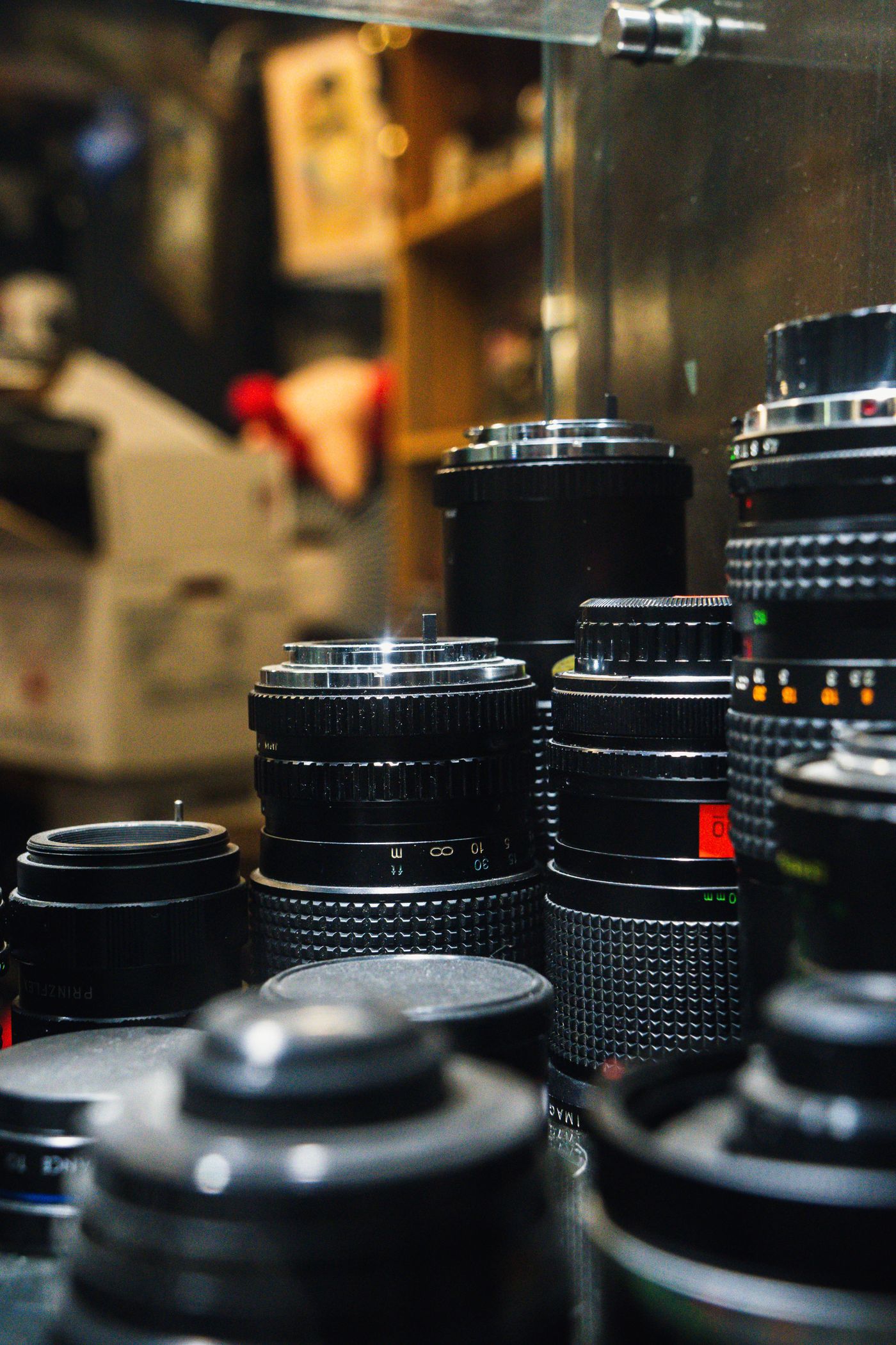 Camera lenses displayed in a specialist photography shop